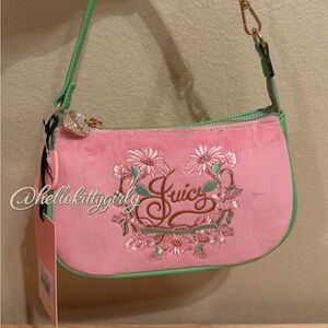 Juicy Couture Pink Mini Shoulder Bag with Green Trim & Floral Embroidery